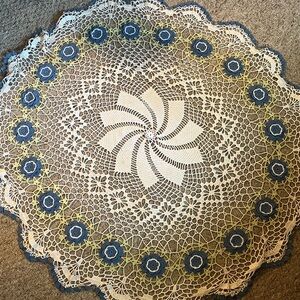Vintage colorful crochet tablecloth. 48” round.